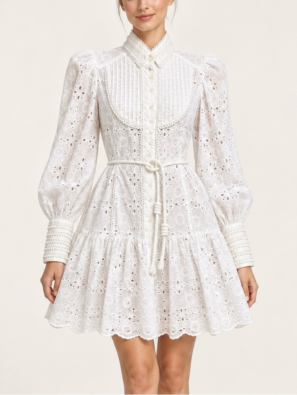 Unbranded Size S White Eyelet Puff Sleeve Belted Mini Dress